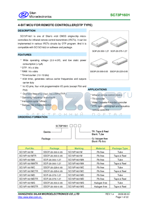 SC73P1601MD datasheet - 4BIT MCU FOR REMOTE CONTROLLER(OTP TYPE)