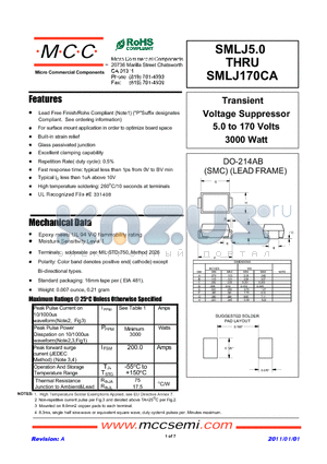 SMLJ5.0 datasheet - Transient Voltage Suppressor 5.0 to 170 Volts 3000 Watt