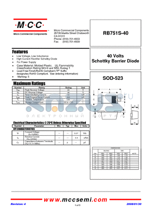 RB751S-40 datasheet - 40 Volts Schottky Barrier Diode