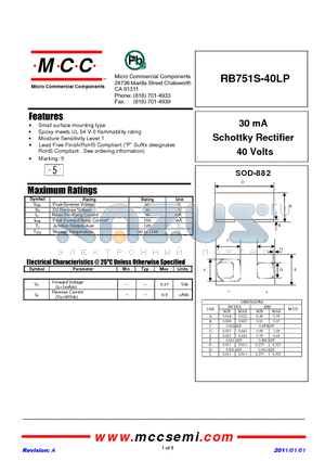 RB751S-40LP datasheet - 30 mA Schottky Rectifier 40 Volts