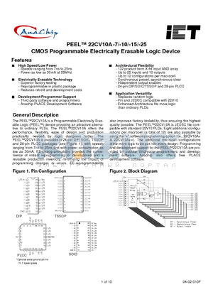 PEEL22CV10AJ-15 datasheet - PEEL 22CV10A-7/-10/-15/-25 CMOS Programmable Electrically Erasable Logic Device