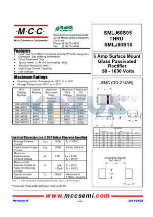 SMLJ60S10 datasheet - 6 Amp Surface Mount Glass Passivated Rectifier 50 - 1000 Volts