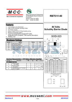 RB751V-40 datasheet - 40 Volts Schottky Barrier Diode