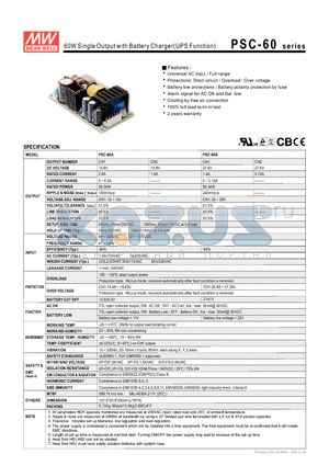 PSC-60B datasheet - 60W Single Output with Battery Charger(UPS Function)