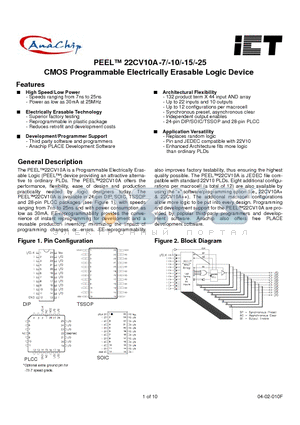 PEEL22CV10AP-15 datasheet - PEEL 22CV10A-7/-10/-15/-25 CMOS Programmable Electrically Erasable Logic Device