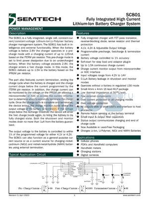 SC801 datasheet - Fully Integrated High Currnet Lithium-Ion Battery Charger System
