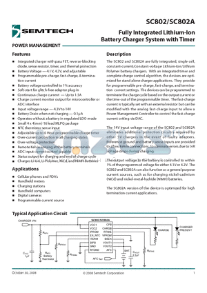 SC802AIMLTRT datasheet - Fully Integrated Lithium-Ion Battery Charger System with Timer