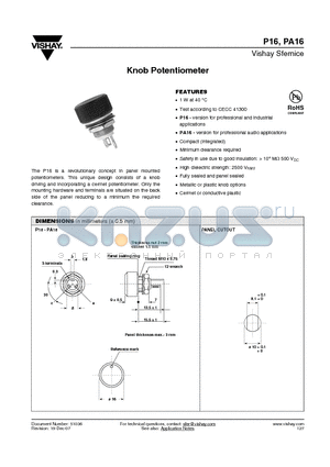 P16 datasheet - Knob Potentiometer