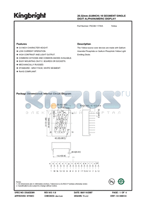 PSC08-11YWA datasheet - 20.32mm (0.8INCH) 16 SEGMENT SINGLE DIGIT ALPHANUMERIC DISPLAY