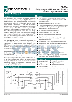 SC804 datasheet - Fully Integrated Lithium-Ion Battery Charger System with Timer