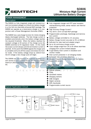 SC806 datasheet - Miniature High Current Lithium-Ion Battery Charger