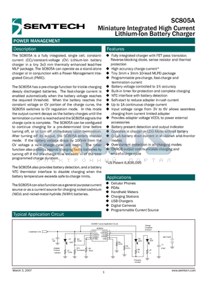 SC805AMLTRT datasheet - Miniature Integrated High Current Lithium-Ion Battery Charger