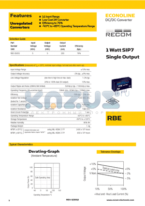 RBE-0505S datasheet - LOW COST 1W CONVERTER