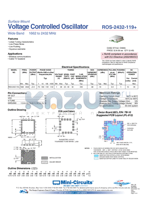 ROS-2432-119+ datasheet - Surface Mount Voltage Controlled Oscillator
