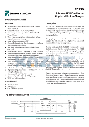 SC820 datasheet - Adapter/USB Dual Input Single-cell Li-ion Charger