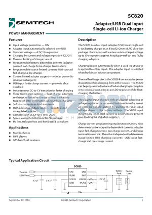 SC820 datasheet - Adapter/USB Dual Input Single-cell Li-ion Charger