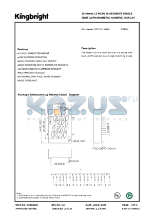 PSC12-11GWA datasheet - 30.48mm(1.2 INCH) 16 SEGMENT SINGLE DIGIT ALPHANUMERIC NUMERIC DISPLAY