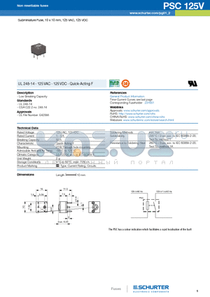 PSC125V datasheet - Subminiature Fuse, 10 x 10 mm, 125 VAC, 125 VDC