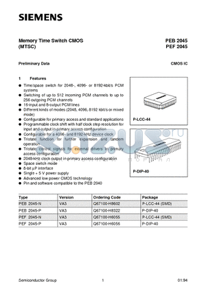 PEF2045 datasheet - Memory Time Switch CMOS (MTSC)