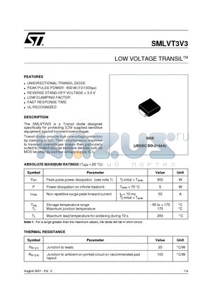 SMLVT3V3 datasheet - LOW VOLTAGE TRANSILTM