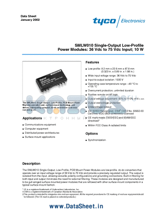 SMLW010 datasheet - SMLW010 Single-Output Low-Profile Power Modules: 36 Vdc to 75 Vdc Input; 10 W