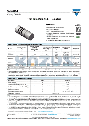 SMM0204 datasheet - Thin Film Mini-MELF Resistors