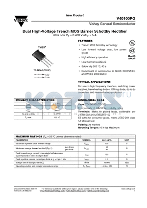 V40100PG-E3/45 datasheet - Dual High-Voltage Trench MOS Barrier Schottky Rectifier Ultra Low VF = 0.420 V at IF = 5 A