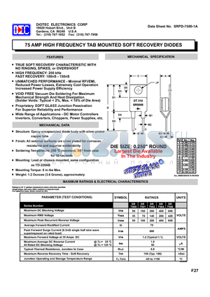 SR7502 datasheet - 75 AMP HIGH FREQUENCY TAB MOUNTED SOFT RECOVERY DIODES