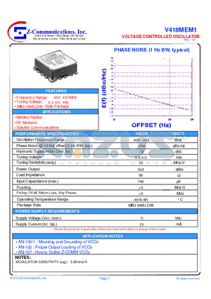 V418MEM1 datasheet - LOW COST - HIGH PERFORMANCE VOLTAGE CONTROLLED OSCILLATOR