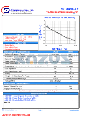 V418MEM1-LF datasheet - VOLTAGE CONTROLLED OSCILLATOR