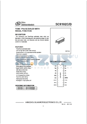 SC9102C datasheet - TONE/PULSE DIALER WITH REDIAL FUNCTION