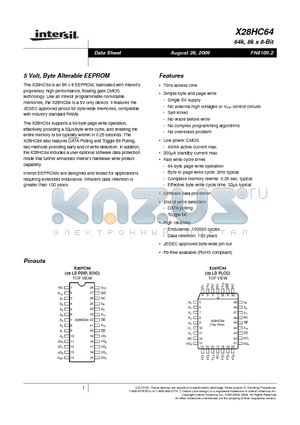 X28HC64P-90 datasheet - 5 Volt, Byte Alterable EEPROM