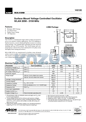 V42100 datasheet - Surface Mount Voltage Controlled Oscillator WLAN 2050 - 2150 MHz