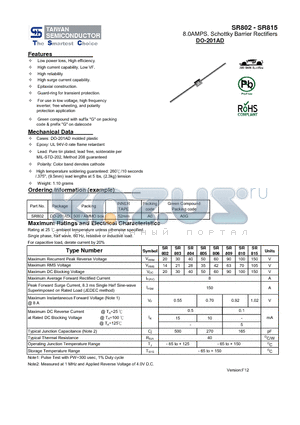 SR802_13 datasheet - 8.0AMPS. Schottky Barrier Rectifiers High reliability