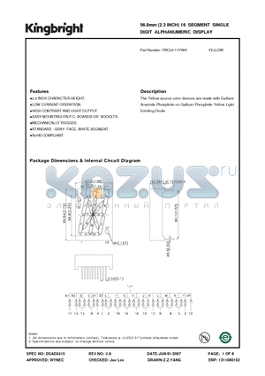 PSC23-11YWA datasheet - 56.8mm (2.3 INCH) 16 SEGMENT SINGLE DIGIT ALPHANUMERIC DISPLAY