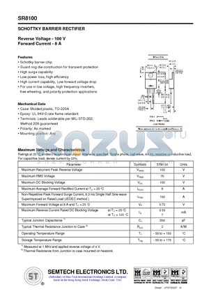 SR8100 datasheet - SCHOTTKY BARRIER RECTIFIER