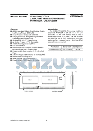 V43644Y04VCTG-75 datasheet - 3.3 VOLT 4M x 64 HIGH PERFORMANCE PC133 UNBUFFERED SODIMM