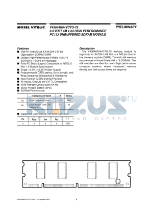 V43644R04VCTG-75 datasheet - 3.3 VOLT 4M x 64 HIGH PERFORMANCE PC133 UNBUFFERED SDRAM MODULE