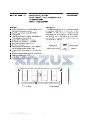 V43648Y04VCTG-10PC datasheet - 3.3 VOLT 8M x 64 HIGH PERFORMANCE 100 MHZ SDRAM UNBUFFERED SODIMM