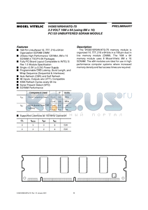 V436516R04VATG-75 datasheet - 3.3 VOLT 16M x 64 using 8M x 16 PC133 UNBUFFERED SDRAM MODULE