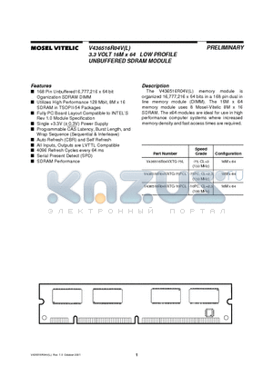 V436516R04VXTG-10PCL datasheet - 3.3 VOLT 16M x 64 LOW PROFILE UNBUFFERED SDRAM MODULE