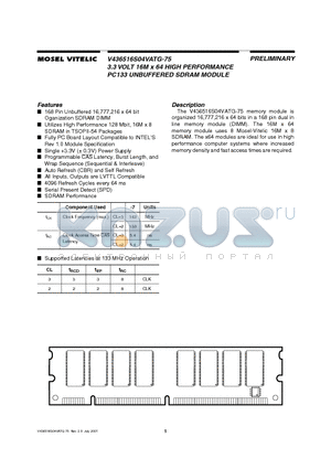 V436516S04VATG-75 datasheet - 3.3 VOLT 16M x 64 HIGH PERFORMANCE PC133 UNBUFFERED SDRAM MODULE