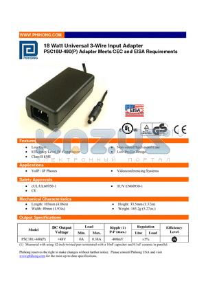 PSC18U-480 datasheet - 18 Watt Universal 3-Wire Input Adapter