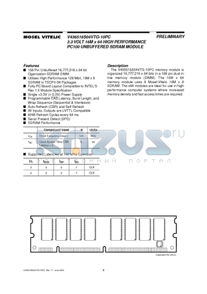 V436516S04VTG-10PC datasheet - 3.3 VOLT 16M x 64 HIGH PERFORMANCE PC100 UNBUFFERED SDRAM MODULE