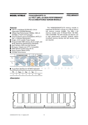 V436532S04VATG datasheet - 3.3 VOLT 32M x 64 HIGH PERFORMANCE PC133 UNBUFFERED SDRAM MODULE