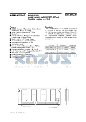 V436516Y04VATG-75PC datasheet - 128MB 144-PIN UNBUFFERED SDRAM SODIMM, 16MX64 3.3VOLT