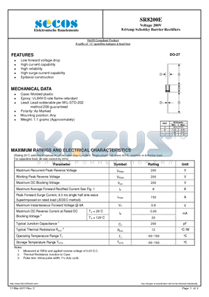 SR8200E datasheet - 8.0Amp Schottky Barrier Rectifiers