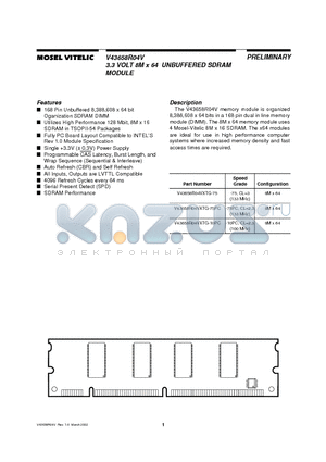 V43658R04VXTG-75 datasheet - 3.3 VOLT 8M x 64 UNBUFFERED SDRAM MODULE