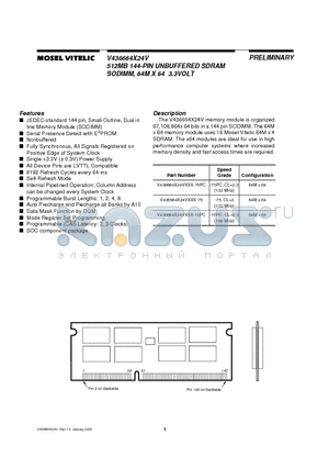 V436664X24V datasheet - 512MB 144-PIN UNBUFFERED SDRAM SODIMM, 64M X 64 3.3VOLT