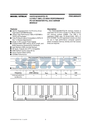 V437216C04VDTG-75 datasheet - 3.3 VOLT 16M x 72 HIGH PERFORMANCE PC133 REGISTER PLL ECC SDRAM MODULE